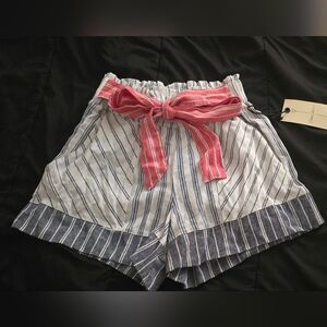 High Waist Blue and White Striped Shorts with Ruffled Hem